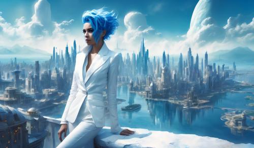 City of water, female super villan overlooking city, blue hair, white super vilan suit