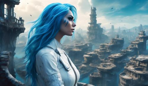 Female Super villain overlooking a sunken city, Female super villain has blue hair and a white villain outfit