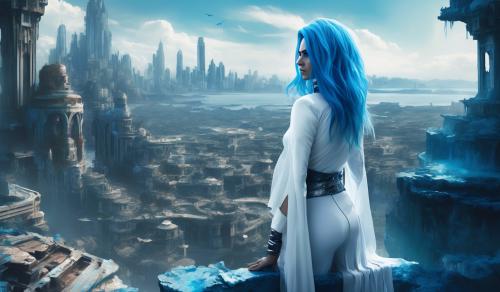 Female Super villain overlooking a sunken city, Female super villain has blue hair and a white villain outfit