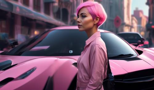 close up of a woman with very  short pink hair standing by a black farrari