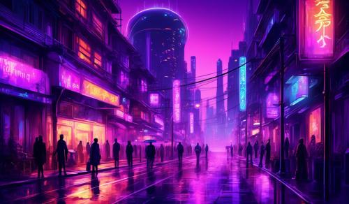 A picture of a street downtown of a beautiful futurstic city with neon lights and purple lights