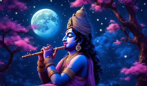 lord krishna sitting on the tree with his flute at night with beautiful moon and stars , lord krishnas face is blue , beautiful face with pink lips 