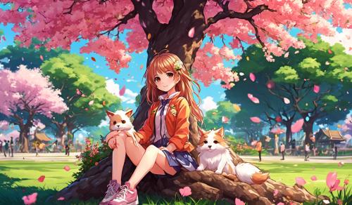 Una chica anime con pelo cobrizo largo sentada en un parque con flores de cerezo cayéndole de un árbol de cerezo y un zorrito adorable de mascota pequeñito