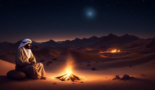 Arab man in desert at night sat around fire