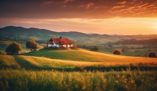 Beautiful countryside landscape with a ranch home at sunset