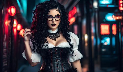 A charming curvy woman, adorned in an exquisite mix of elegant and gothic chic clothing, effortlessly combining skirts, a white blouse and underbust corsets. Her very long, black curls frame her round face with large brown eyes, long eyelashes and full red lips. She wears glasses with sturdy black frames.