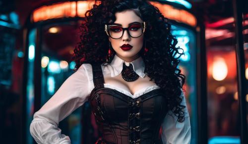 A charming curvy woman, adorned in an exquisite mix of elegant and gothic chic clothing, effortlessly combining skirts, a white blouse and underbust corsets. Her very long, black curls frame her round face with large brown eyes, long eyelashes and full red lips. She wears glasses with sturdy black frames.