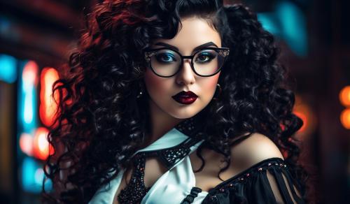 A charming curvy woman, adorned in an exquisite mix of elegant and gothic chic clothing, effortlessly combining skirts, a white blouse and underbust corsets. Her very long, black curls frame her round face with large brown eyes, long eyelashes and full red lips. She wears glasses with sturdy black frames.