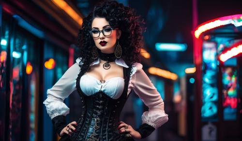 A charming curvy woman, adorned in an exquisite mix of elegant and gothic chic clothing, effortlessly combining skirts, a white blouse and underbust corsets. Her very long, black curls frame her round face with large brown eyes, long eyelashes and full red lips. She wears glasses with sturdy black frames.