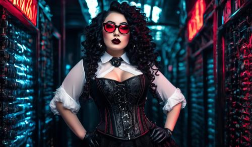 A charming curvy woman, adorned in an exquisite mix of elegant and gothic chic clothing, effortlessly combining skirts, a white blouse and underbust corsets. Her very long, black curls frame her round face with large brown eyes, long eyelashes and full red lips. She wears glasses with sturdy black frames.