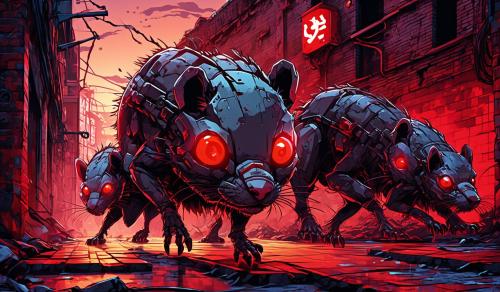 giant Cyborg rats with red glowing eye, crawling on graffiti red brick walls in a run down city street 