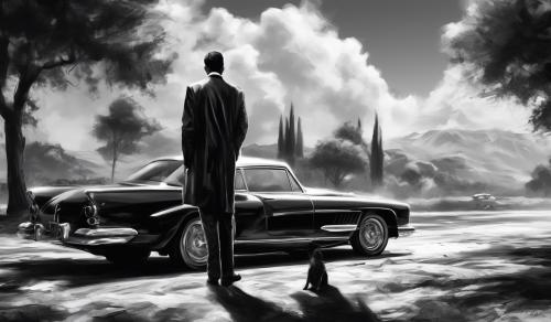 classy black and white pic of man with a car with standing an dlooking asthetic 