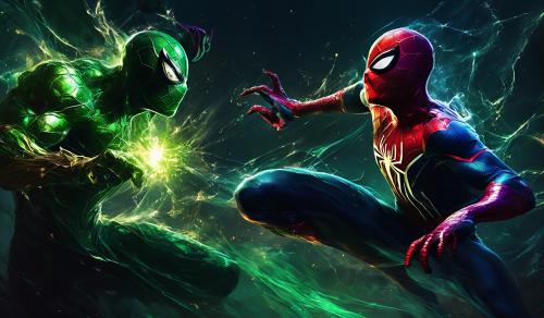 spiderman fighting green goblin dark background