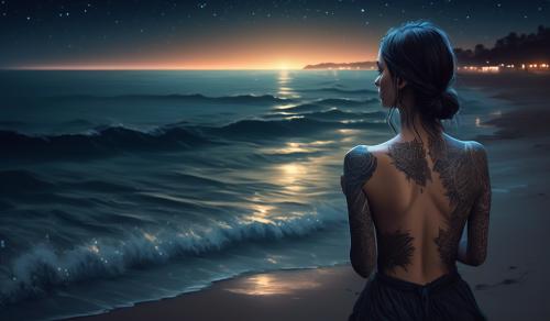 barebacked tattooed girl facing away from view on nighttime beach