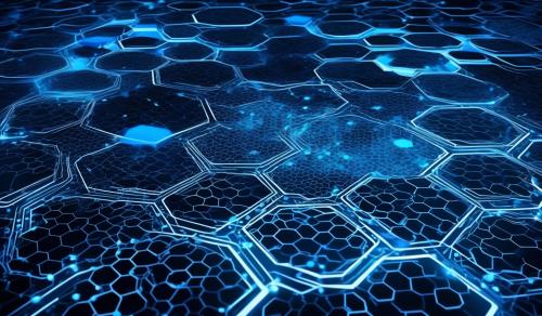 the picture shows a computer desktop with a blue and black wallpaper featuring a network of interconnected hexagons. symbolizing technology or circuitry.