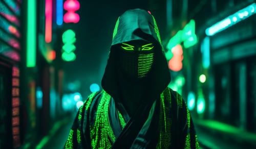 imaginando o oriente antigo com traços ciberpunks, crie um oni ninja com meia mascara e roupas negras, com traços de neon verde