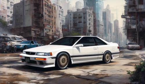 1989 acura legend coupe, white, custom rims, dystopian city