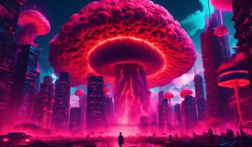 A massive red mushroom cloud in a city