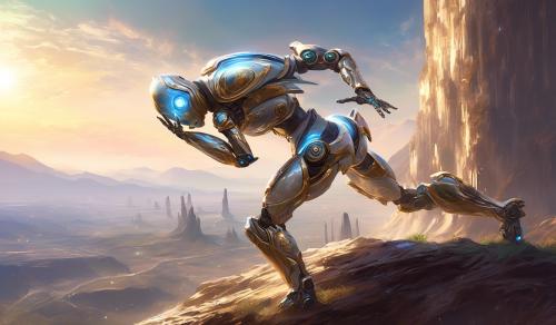 An android Droid tapping its leg and with metallic arms in prayer Overlooking a valley