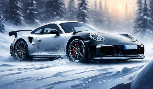 do snowy picture there is black cool porche 911 in picture