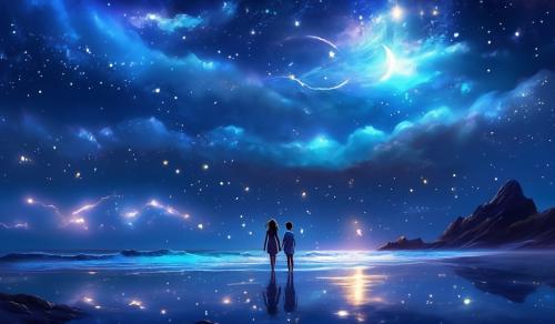 generate me a wallpaper where there is night you can see beach , moon lightning ,one boy and girl putting hand in hand loving each other also we can see stars one star is moving fast, seeing the picture you can feel silence 