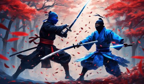 black ninja and blue samurai fight ninja jumps and hits while samurai blocks with his sword red falling leaves in the background