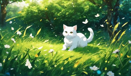 Draw a white cat playing on the grass