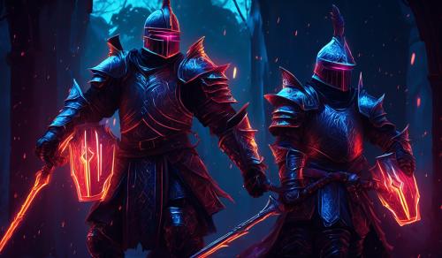 neon fight omen in medieval armor