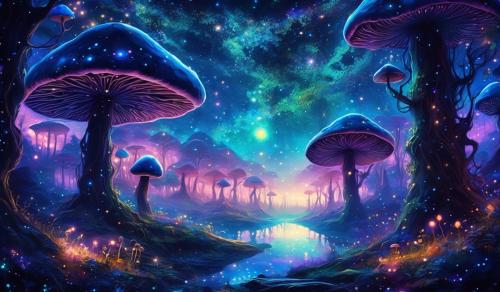 Trippy, forest, starry night, mushroom, amazing