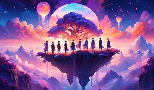  the seven members of BTS stand on an ethereal floating island high above the clouds, each surrounded by a unique, magical aura that represents their personalities. The backdrop is a sky painted with vivid colors, blending from deep purples and blues of twilight into the soft oranges and pinks of dawn. Enchanted trees with glowing leaves, crystal-clear waterfalls spilling off the edges of the island, and sparkling stars twinkling above complete the dreamlike setting. Each BTS member wears elegant, fantasy-inspired clothing, with flowing capes or robes, and holds symbols of their individual talents or passions, like a mic, a book, or a small flame. The wallpaper should feel both serene and empowering, with each member looking forward, embodying confidence and unity