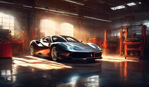 A light shining on a Ferrari That is parked in a big Workshop