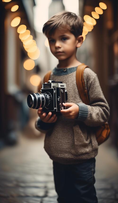 full Body act photographic of Boy, vintage camera