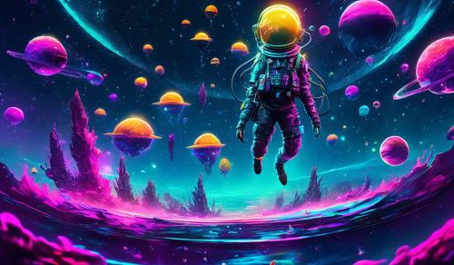 -neon punk floating in water in space