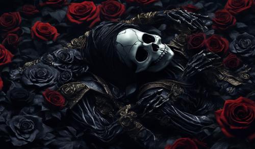 Skeloten laying on black roses