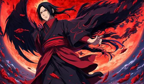 itachi bloodmoon con dei corvi che gli volano vicino