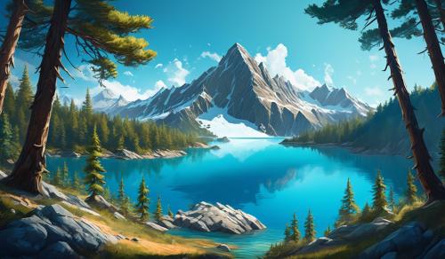 Generate an image from the point of view wich is below a pine tree facing a crystal Blue Lake. Behind the lake there is a mountain range. Which includes a pine forest at the base and A rocky surface at. Additionally, add some animals. It is a sunny day.