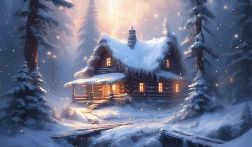 Snowstorm cozy log cabin log forest 