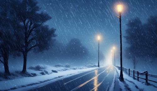 A GIF of a slowgoing snowstorm at nigh on a road with lightposts