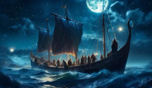 Vikings on a ship at night under a full moon