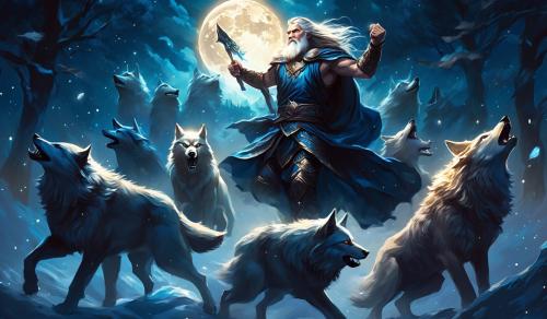 Odin Fighting wolves at night