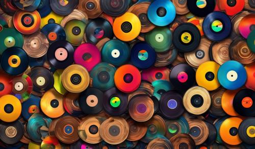 hundreds of multi-colored vinyl records made from a variety of wood on a dark rainy background