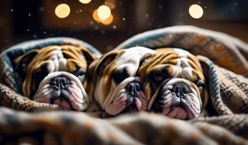 Litter of Bulldogs Sleeping in Blankets