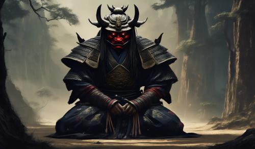 Kneeling demon samurai head facing down 