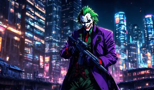 Evil looking Joker with gun in a big city at night