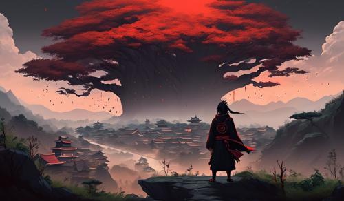 generar imagen de itachi en un paisaje apocaliptico y mostrando su grandeza