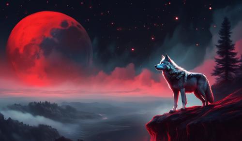 wolf on a cliff in front of a red moon with a treeline at the front of the scene