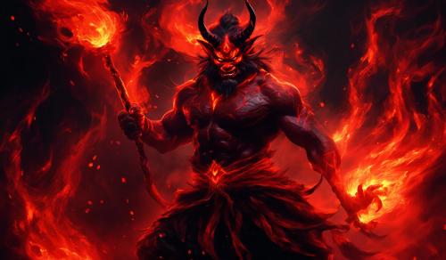 Male Oni red demon fire and black background