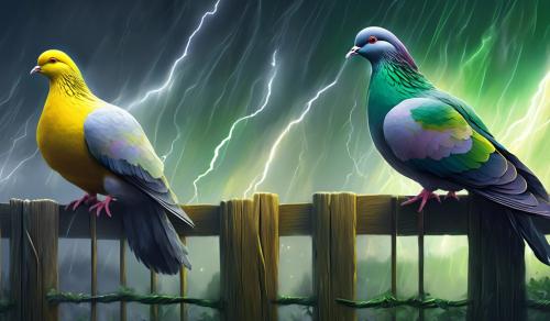 Tricolor Pigeon with a grey and yellow chiken on a fence, green lightning on their background