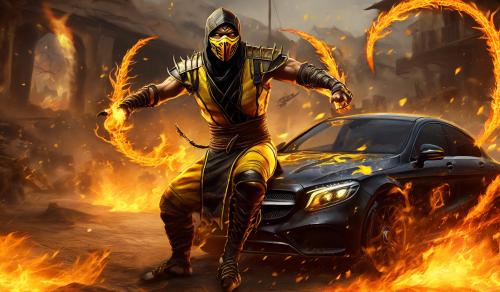 BASED ON THE THEME OF MORTAL KOMBAT, TAKING SCORPION AS A CHARACTER, SCORPION MUST BE ON FIRE, WITH OBVIOUS BURNS ON THE BODY AND STITCHES WHERE BONES CAN BE SEEN COMING OUT OF THE SKIN. THEN ADD A CAR AND IT MUST BE A SPORTS MERCEDES