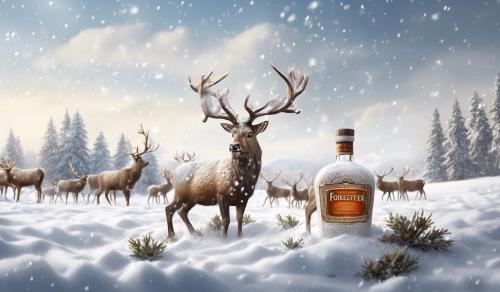 snow covered bottle of old Forrester 100 bourbon in a filed of reindeer